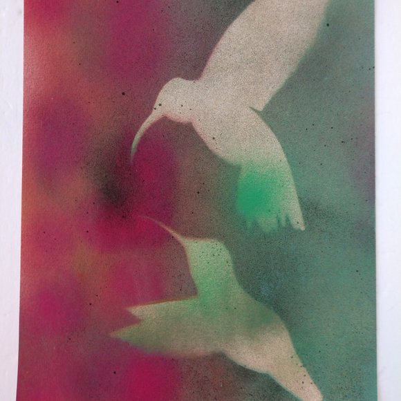 Handmade Painting of Two Hummingbirds In Flowers 15x11 inch - Picture 2 of 15